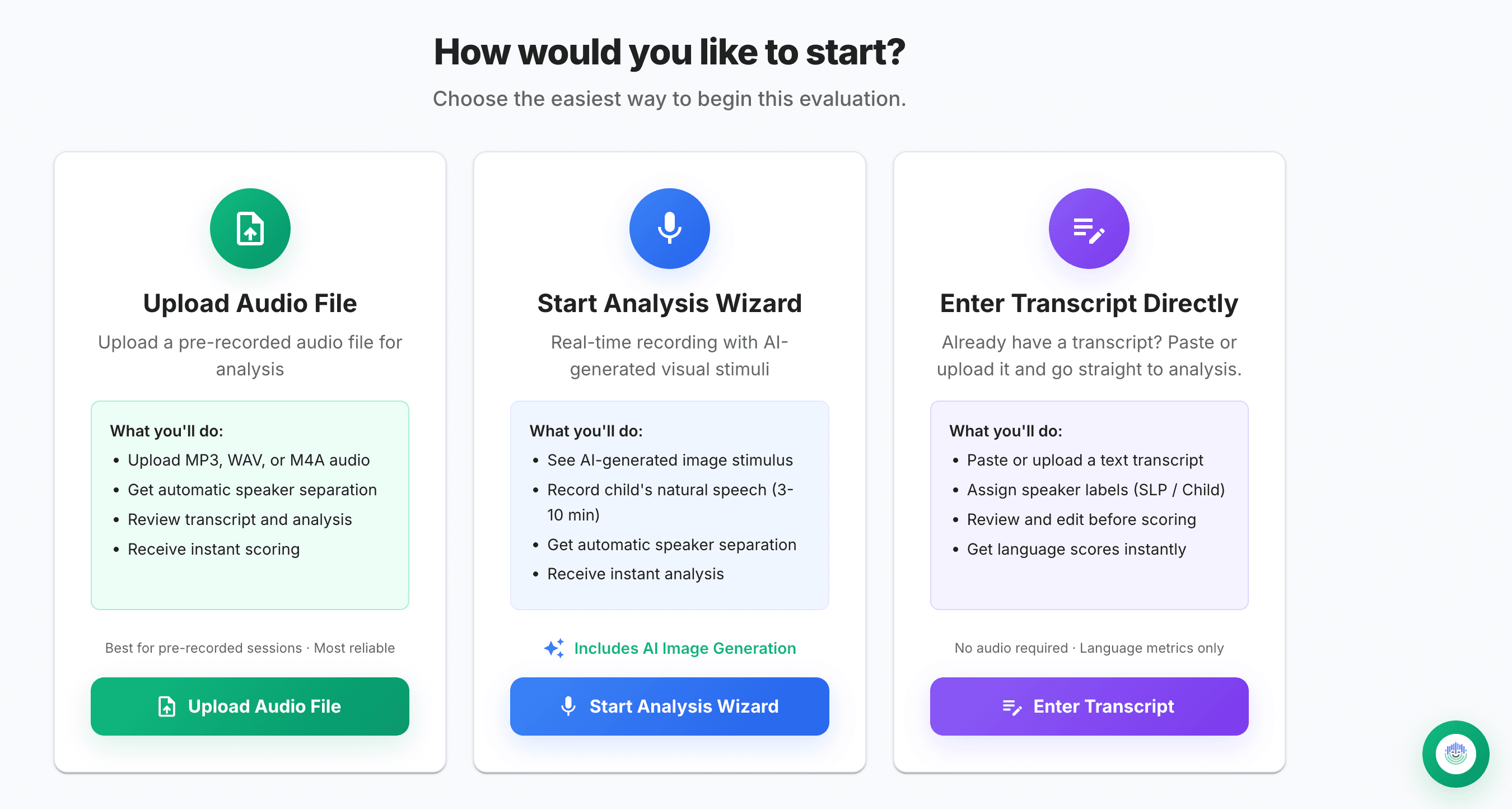 Language sample workflow with options to record live, upload audio, or use a transcript