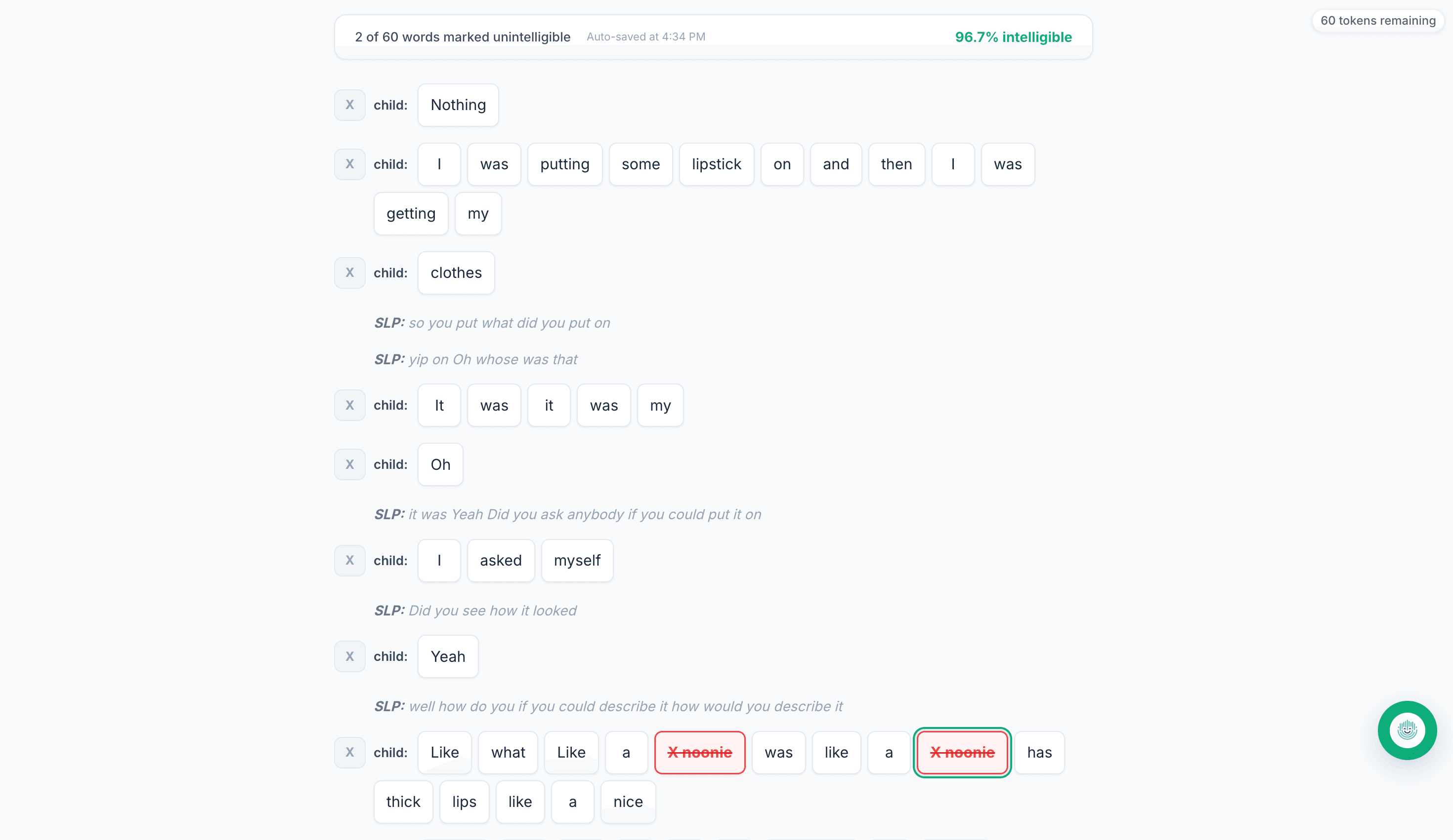De-identified EASI intelligibility review showing child and SLP turns, selectable words, a count of words marked unintelligible, and a 96.7 percent intelligibility result