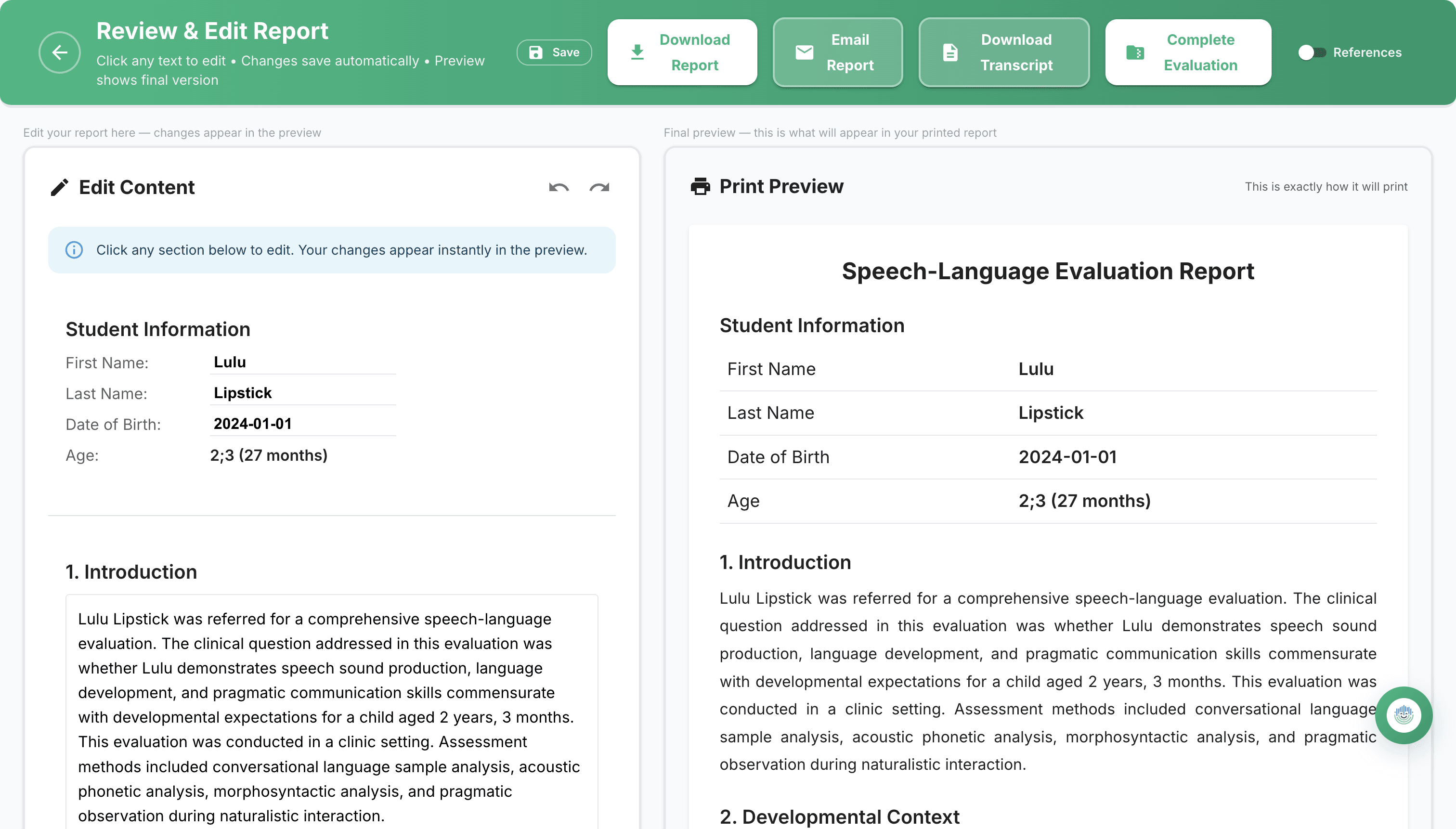 EASI report editor with a clinician-editable report and preview