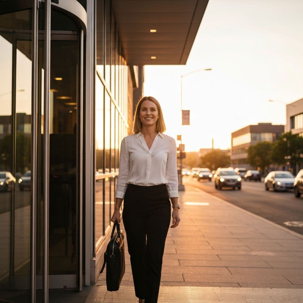 A speech-language pathologist leaving work in the warm evening light