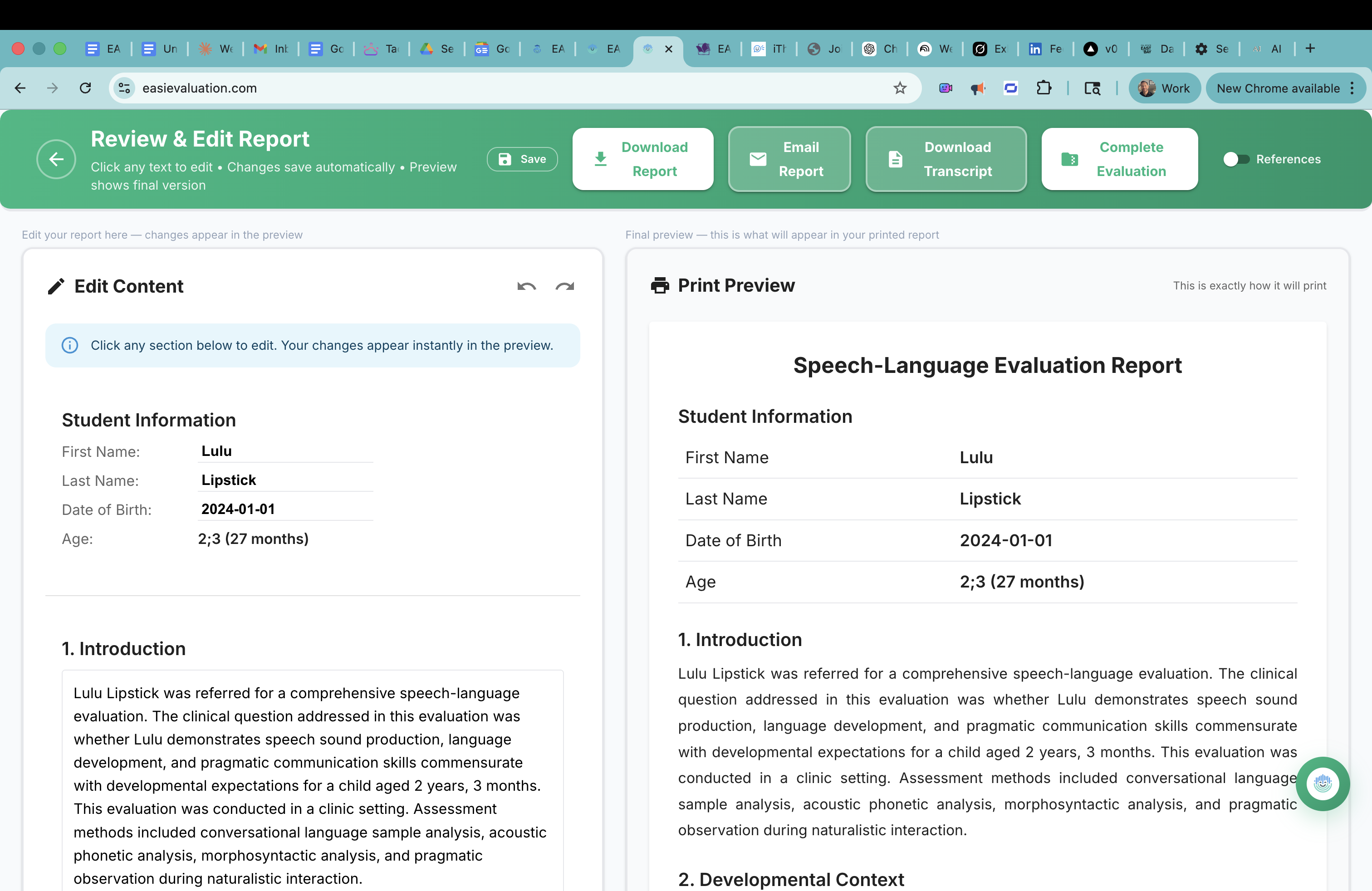 Professional Reports - Split-screen editor: edit on the left, see the print preview update in real time on the right. Download as PDF, email directly, or mark complete. CPT codes included. Every academic citation is listed and traceable.